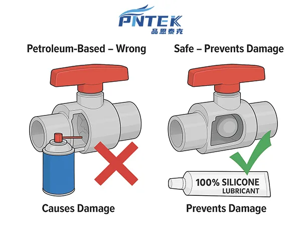 Safe Lubricant for PVC Ball Valves A can of silicone lubricant with a green checkmark next to a valve, and a can of WD-40 with a red X