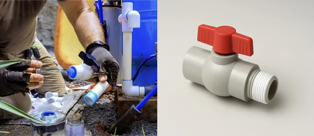 Connecting a PVC Valve to Pipe A person applying purple PVC primer to the end of a pipe before connecting a valve