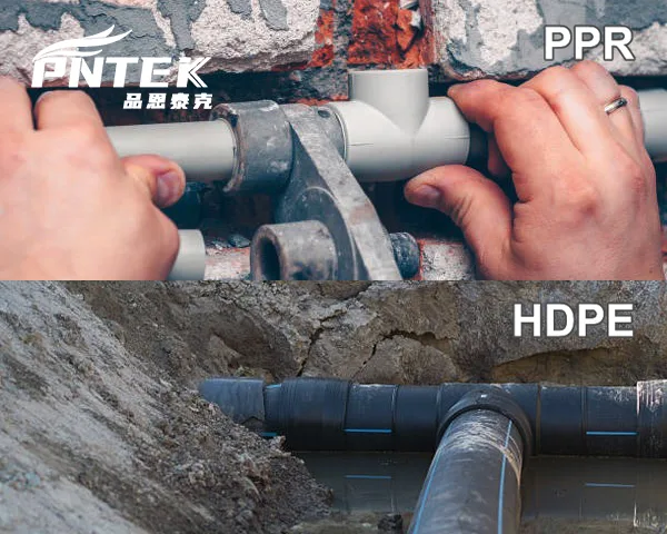 PPR for Indoor Plumbing, HDPE for Outdoor Mains An image showing PPR pipes installed neatly inside a building, contrasted with large black HDPE pipes being laid in a trench outdoors