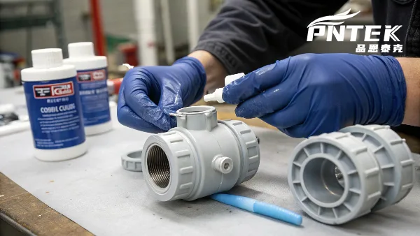 Fixing a Sticky Ball Valve with Lubricant A disassembled true union ball valve with arrows pointing to where silicone grease should be applied