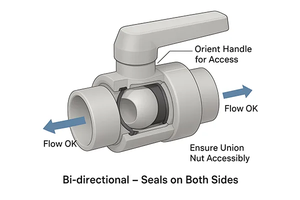 PVC Ball Valves are Bi-Directional A diagram of a PVC ball valve with arrows pointing in both directions to show it is bi-directional