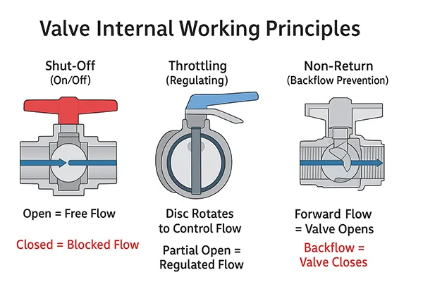 The Three Main Functional Valve Types An infographic showing icons for shut-off, throttling, and non-return valves