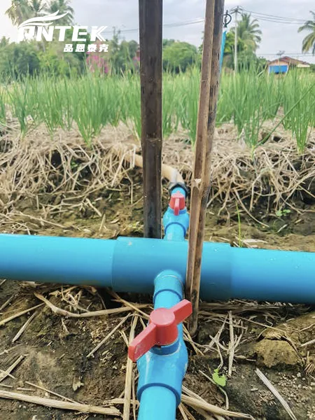 PVC Valve Used in an Irrigation System A PVC ball valve installed in a complex irrigation manifold to control different watering zones