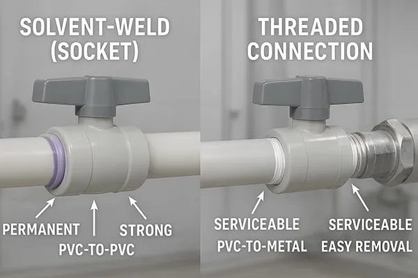 PVC Valve Connection Types A side-by-side comparison of a socket (solvent weld) and a threaded PVC connection