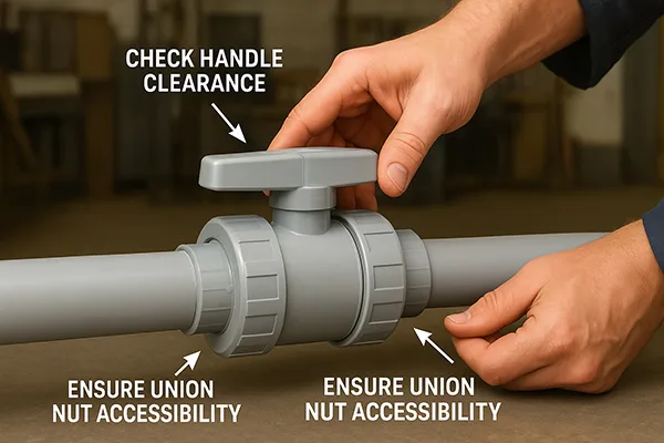 Correct Ball Valve Installation with Access A Pntek true union valve installed with ample clearance for the handle and union nuts