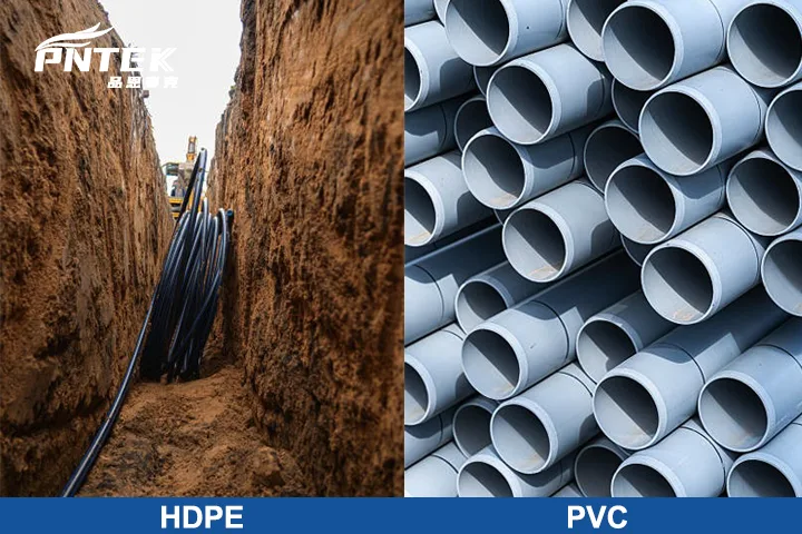 HDPE Pipe vs. PVC Pipe A coil of black HDPE pipe next to straight, white PVC pipe