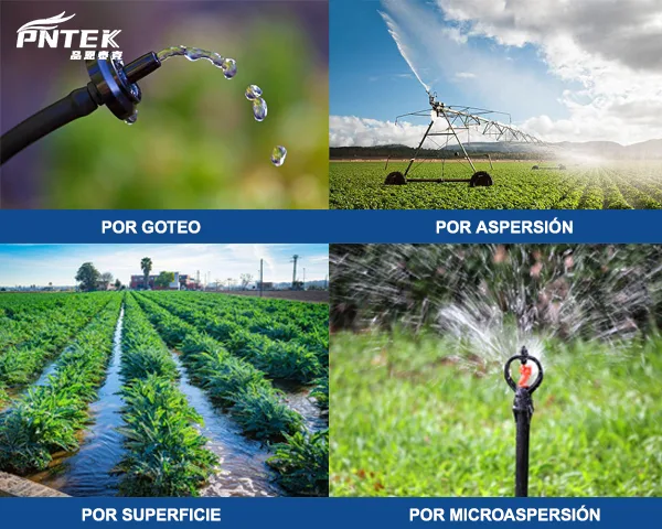 Sistemas de Riego y sus Válvulas Collage mostrando los cuatro tipos de sistemas de riego en acción