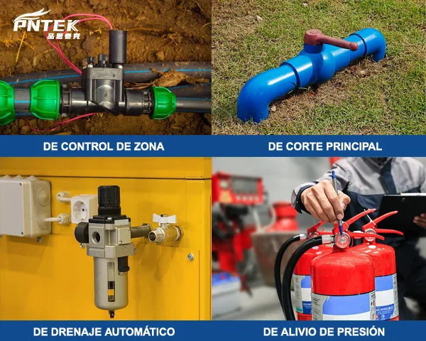Funciones de las Válvulas en un Sistema de Riego Esquema de un sistema de riego con diferentes tipos de válvulas funcionales etiquetadas