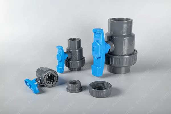 The Union Connection on a Valve A close-up of the union nut and tailpiece on a Pntek valve